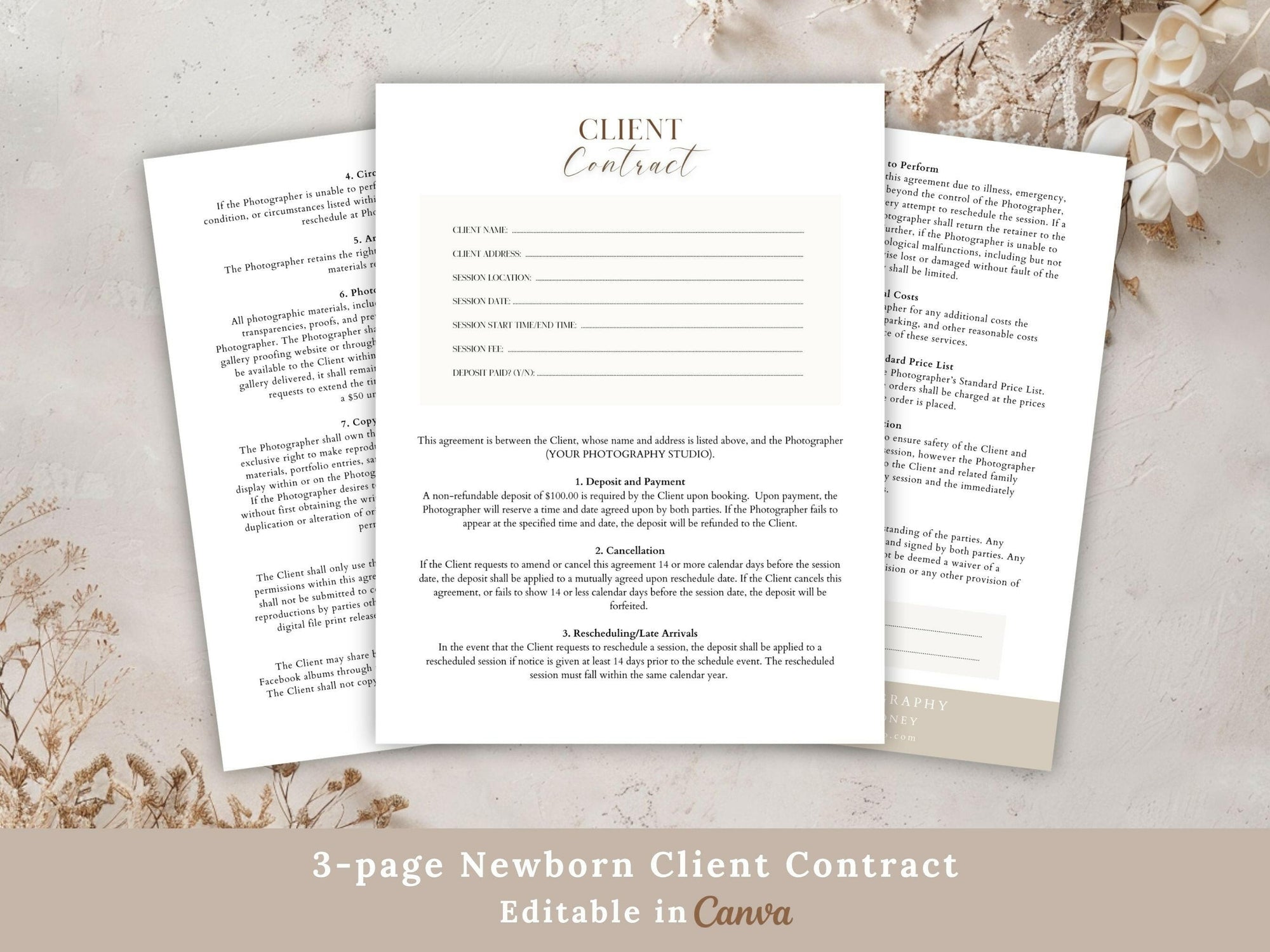 Newborn Photography Client Contract (3 page) Canva Template