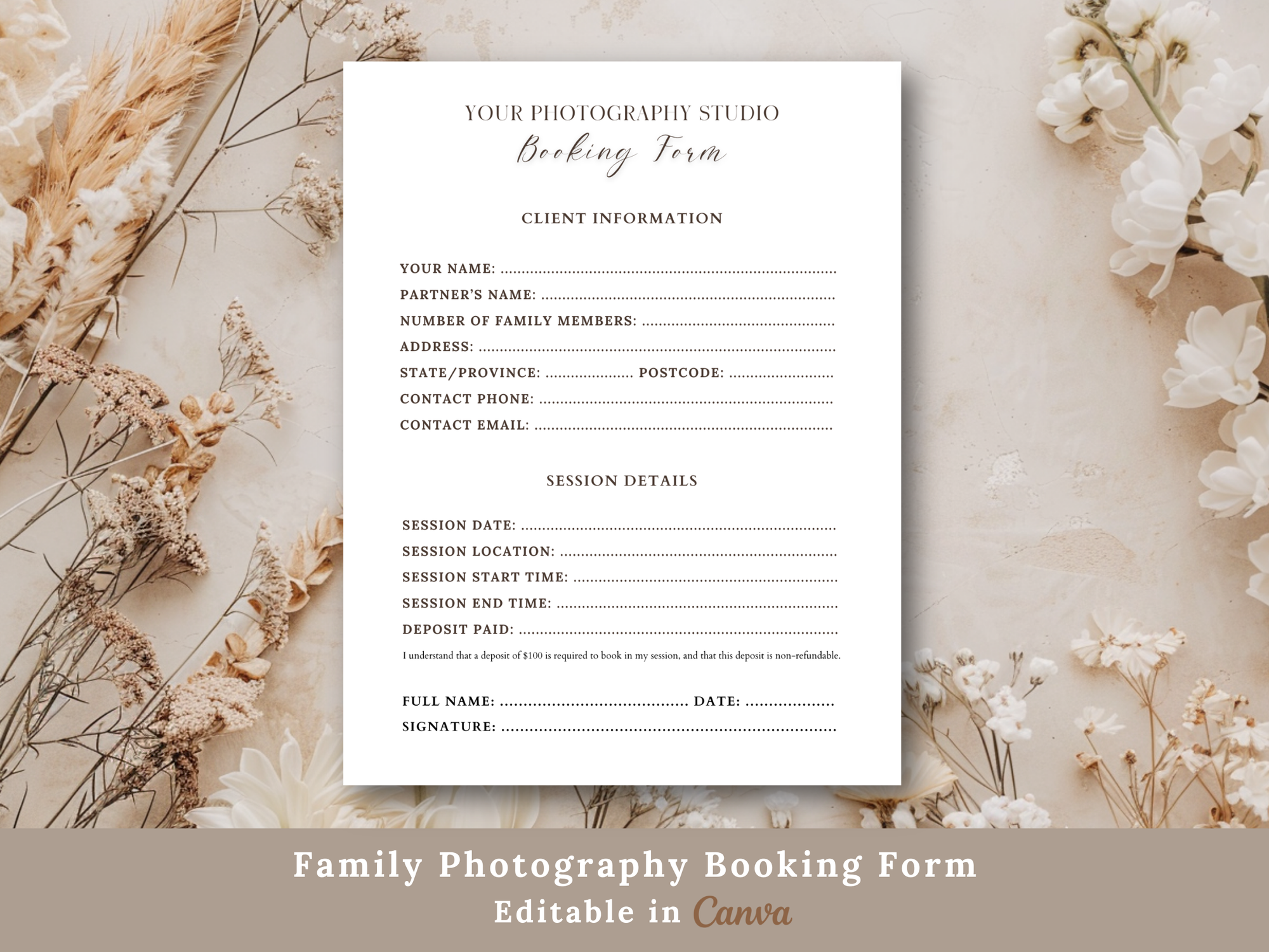 Family Photography Booking Form Canva Template