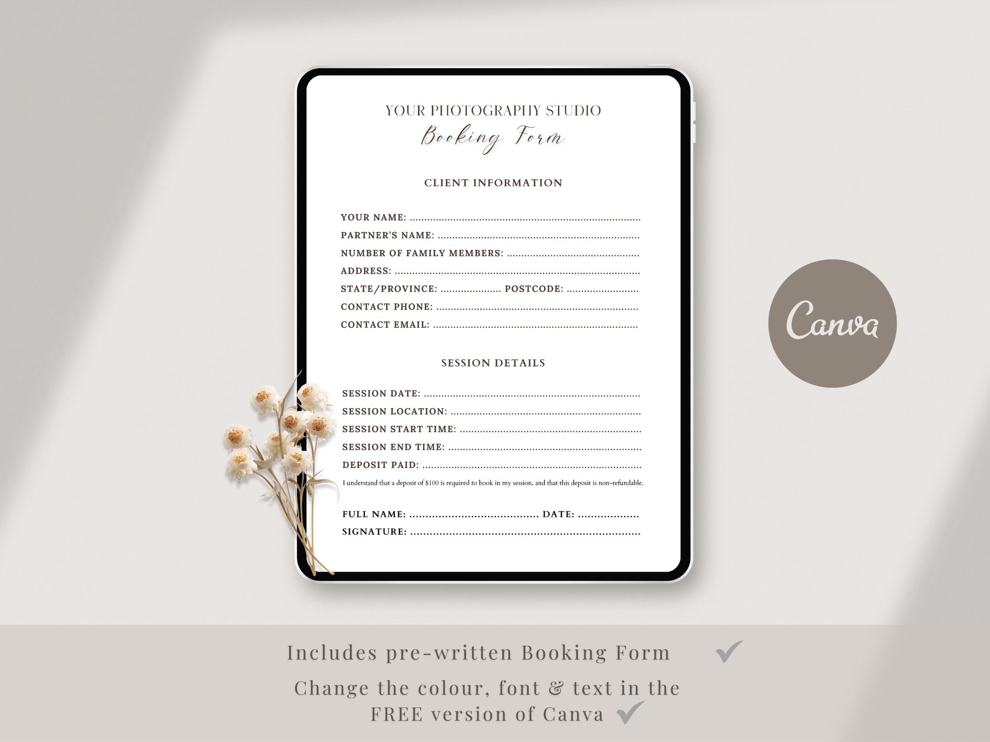 Family Photography Booking Form Canva Template