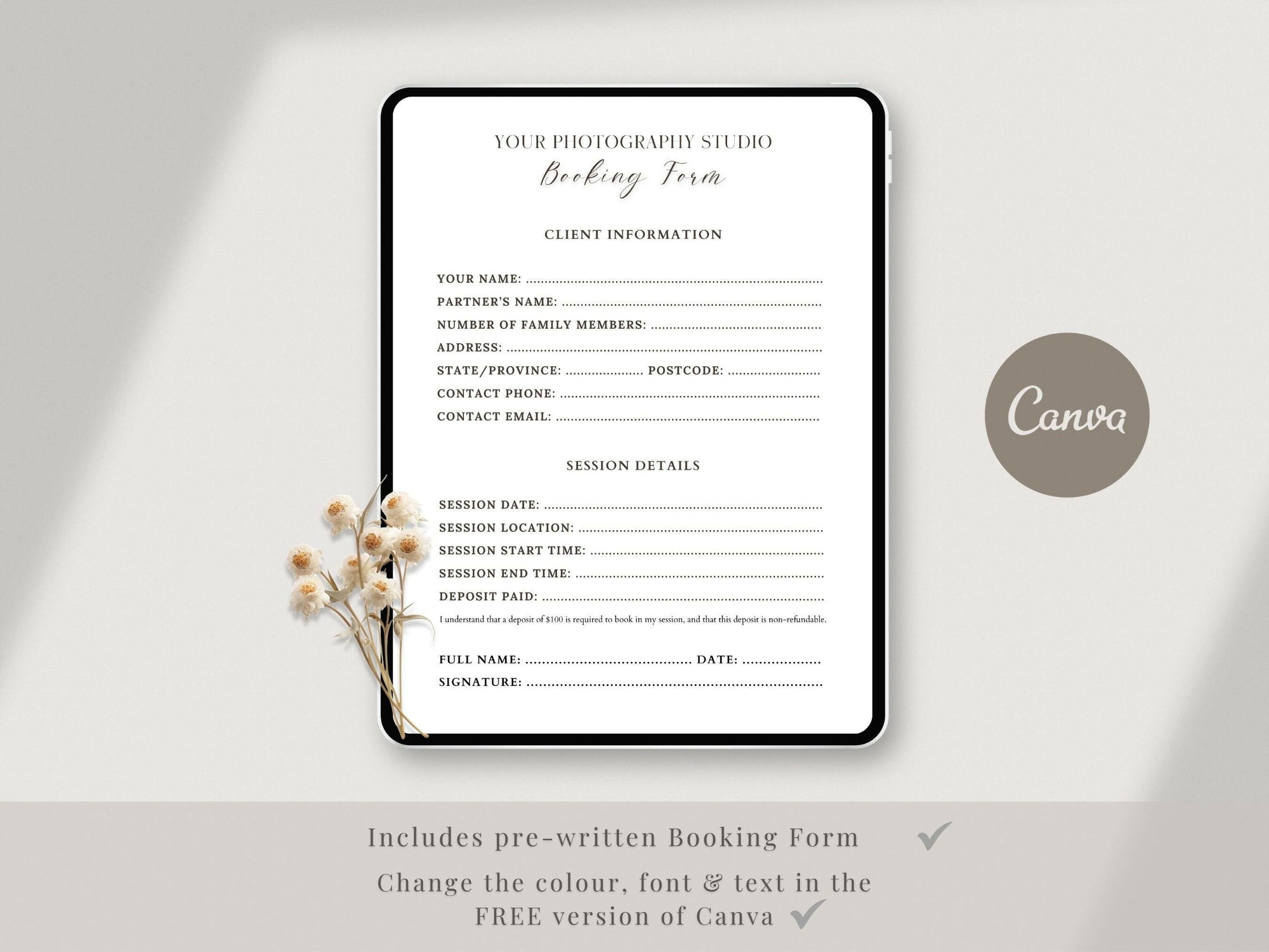 Newborn Photography Booking Form Canva Template