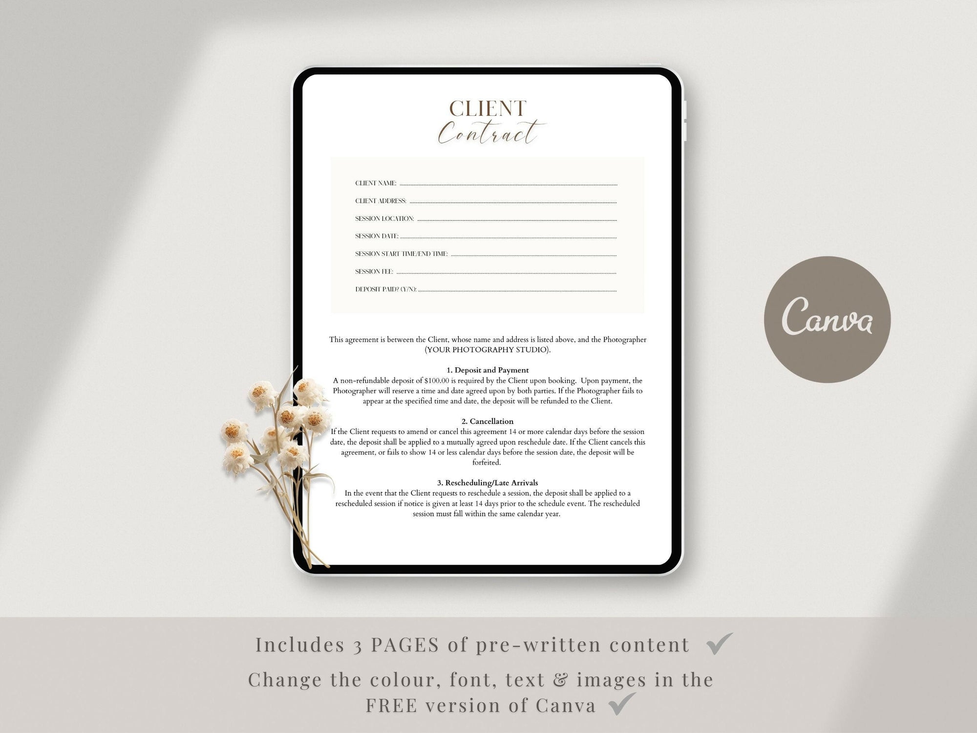 Newborn Photography Client Contract (3 page) Canva Template