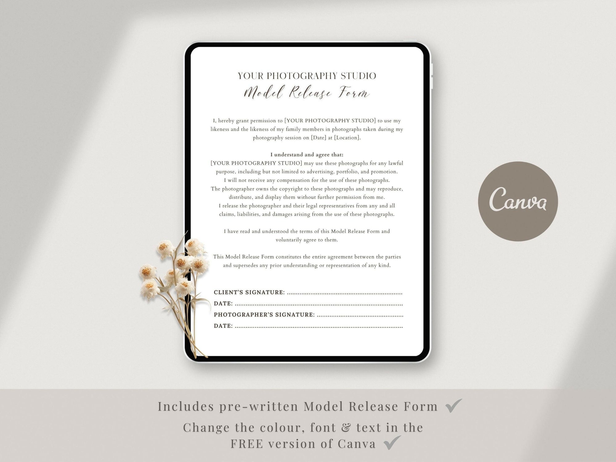 Photography Model Release Form Canva Template