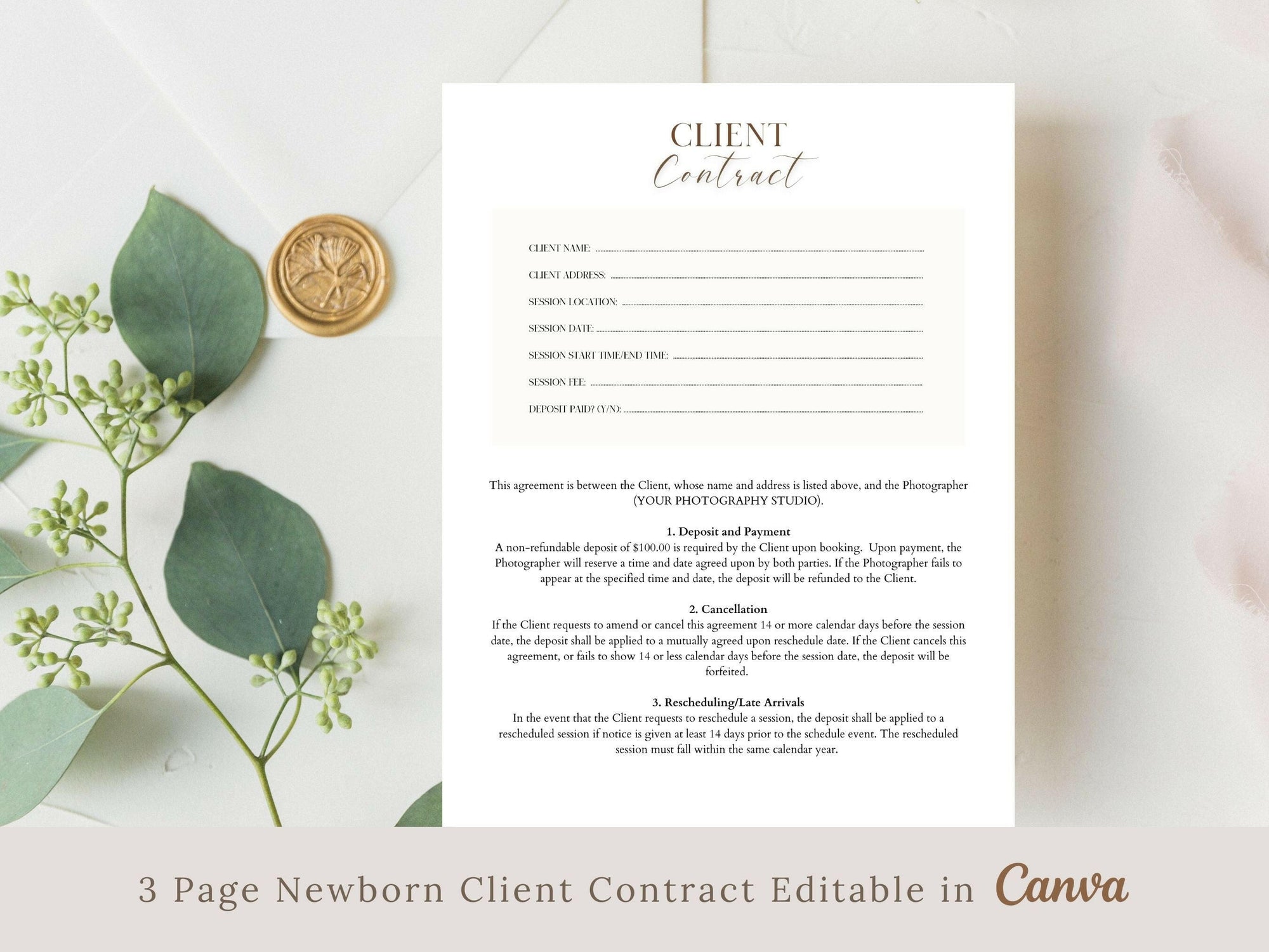 Newborn Photography Client Contract (3 page) Canva Template