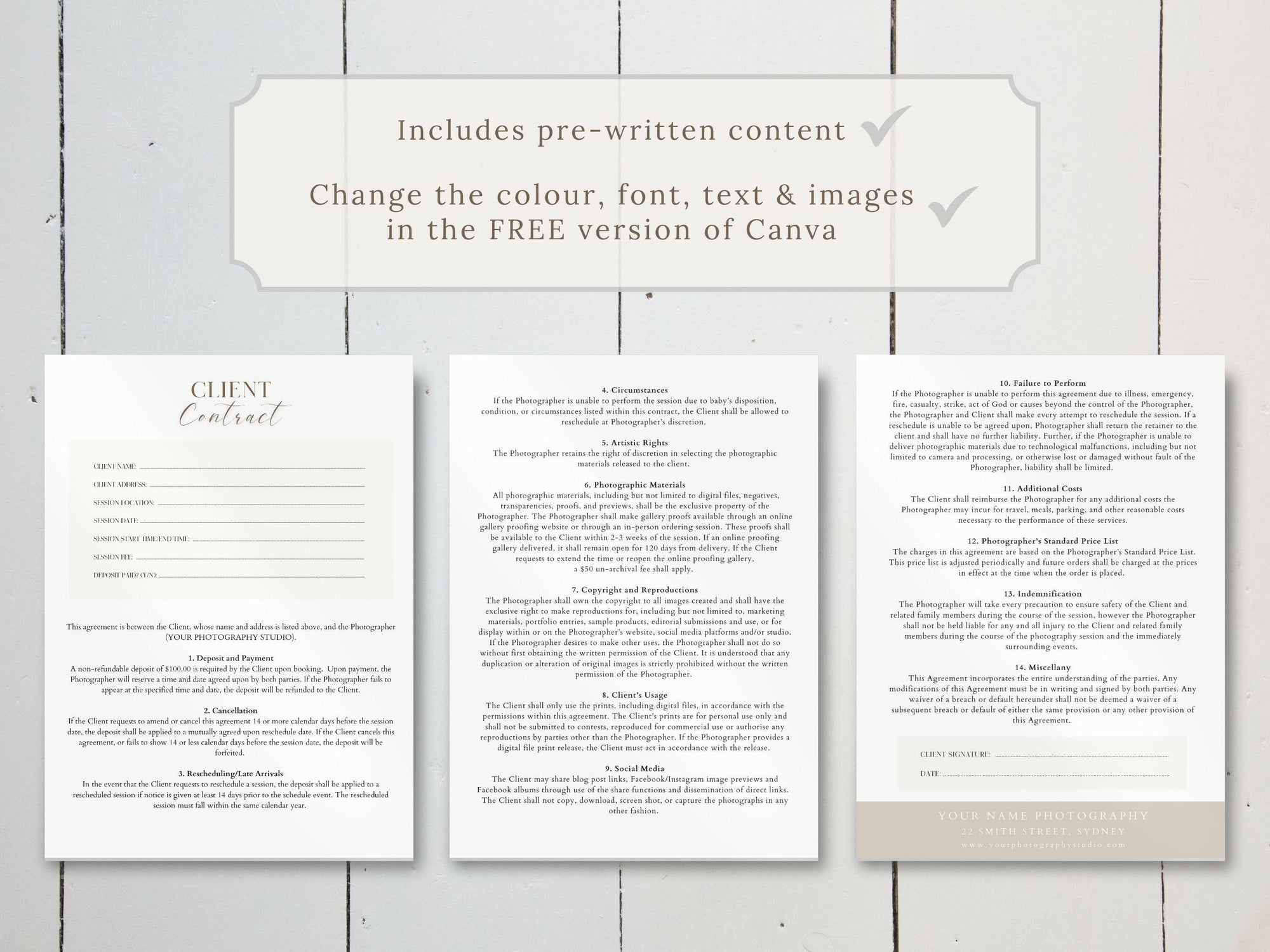 Newborn Photography Client Contract (3 page) Canva Template