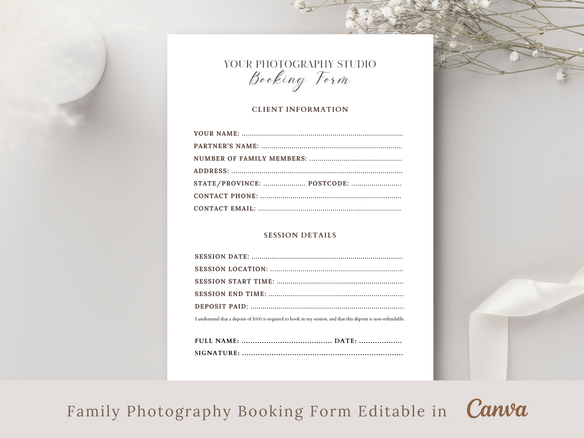 Family Photography Booking Form Canva Template