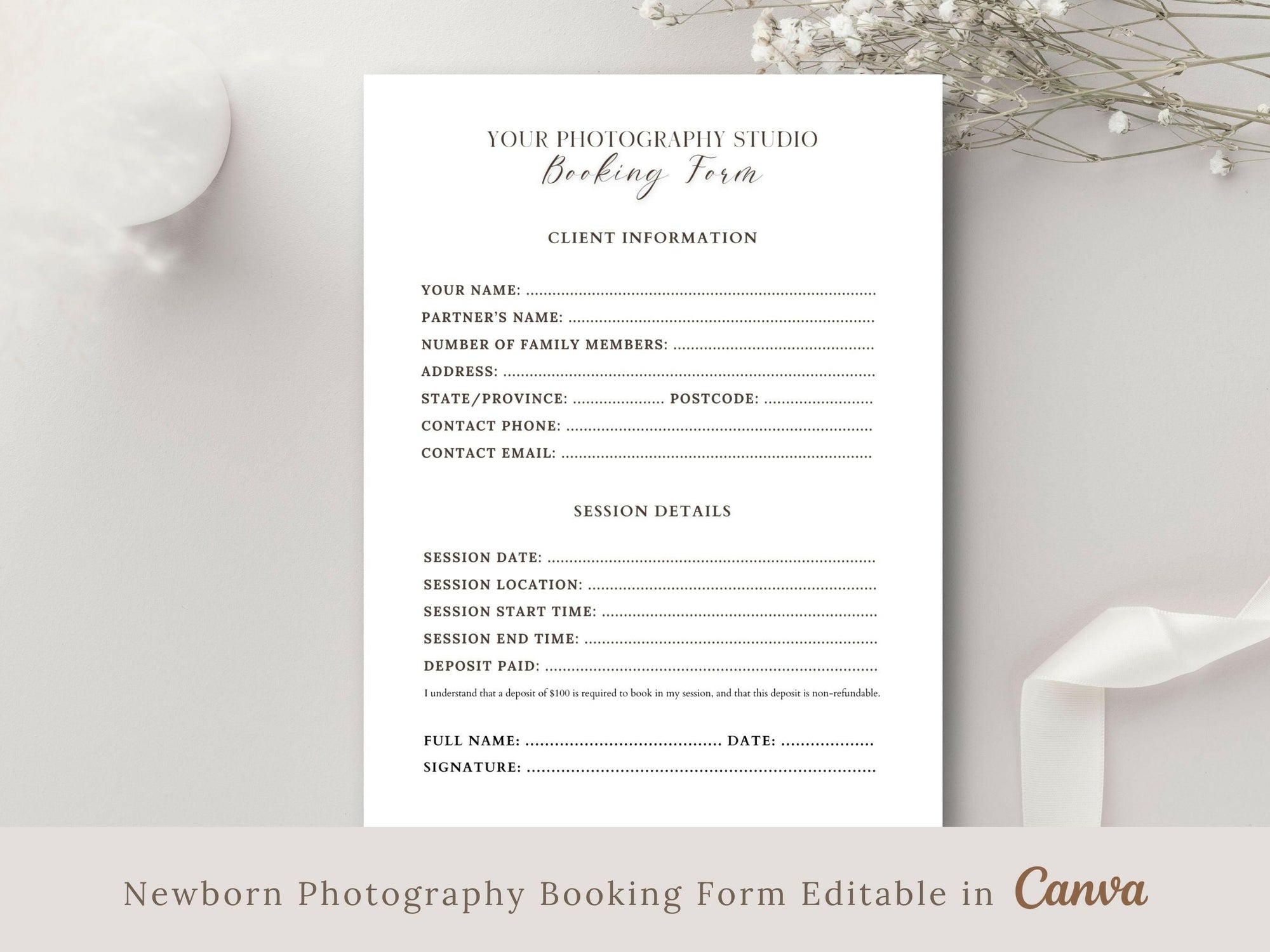 Newborn Photography Booking Form Canva Template